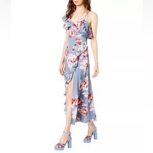 NEW Jill Stuart Rose Print Floral Asymmetrical Ruffle Side Slit Maxi Dress XS